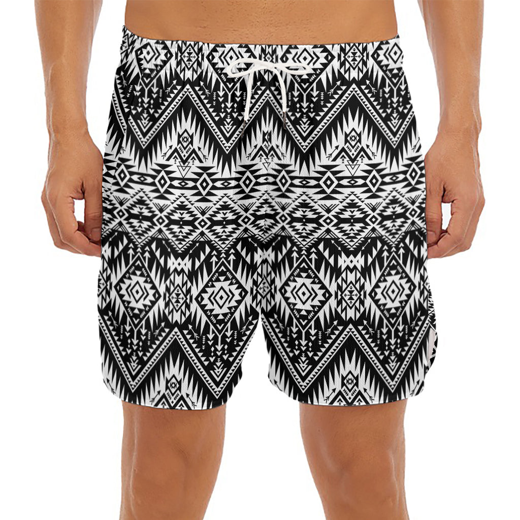 Black And White Navajo Print Men's Split Running Shorts