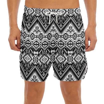 Black And White Navajo Print Men's Split Running Shorts