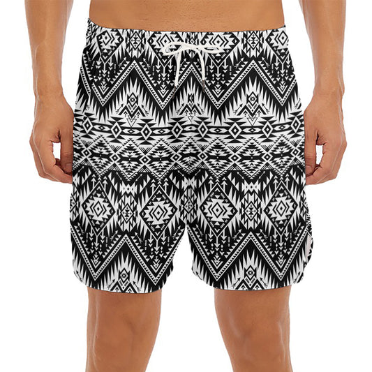 Black And White Navajo Print Men's Split Running Shorts
