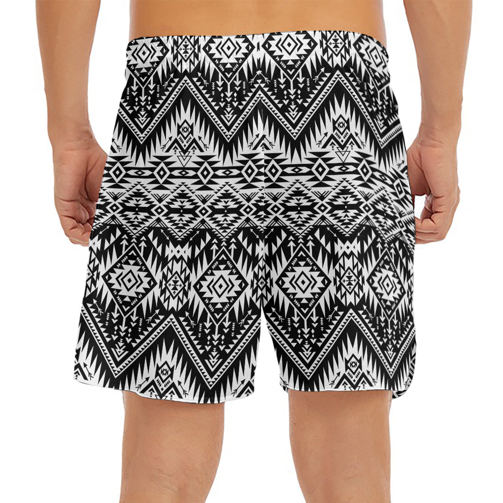 Black And White Navajo Print Men's Split Running Shorts