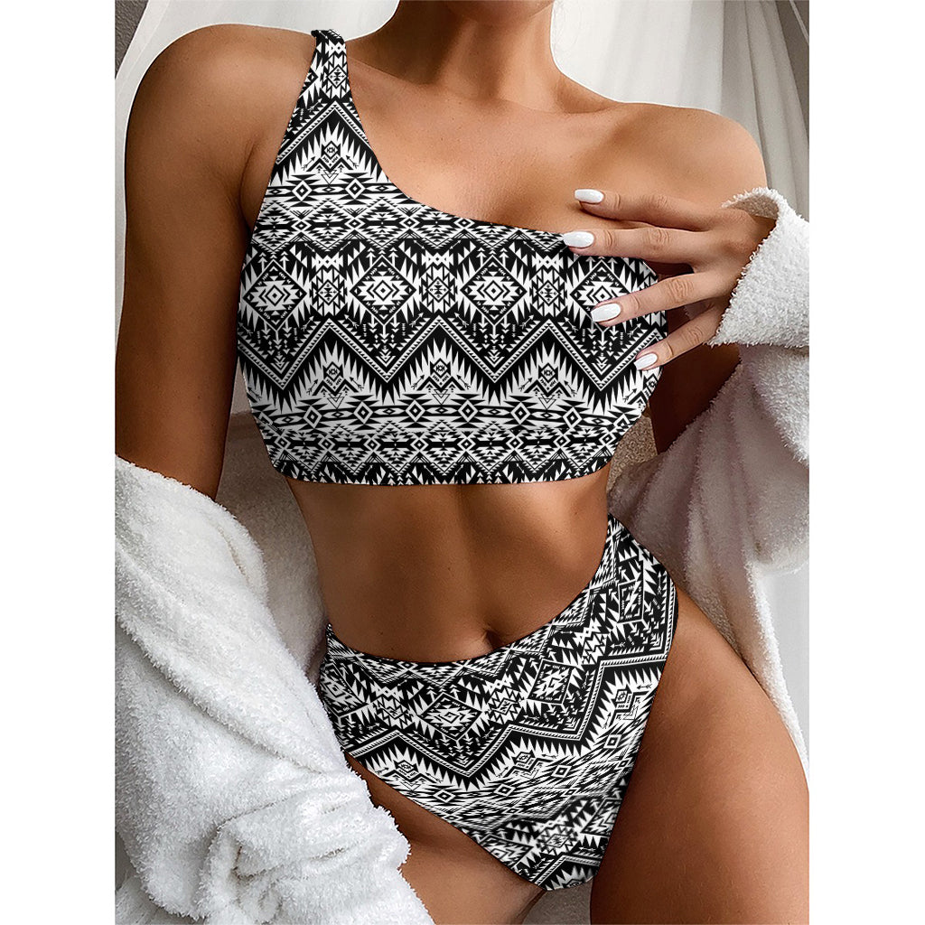 Black And White Navajo Print One Shoulder Bikini Top