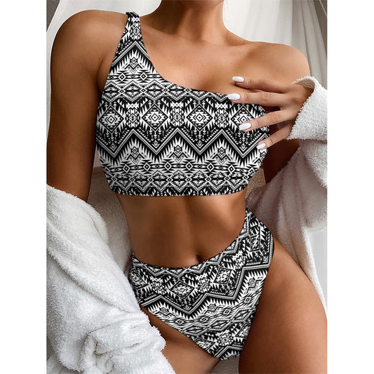 Black And White Navajo Print One Shoulder Bikini Top
