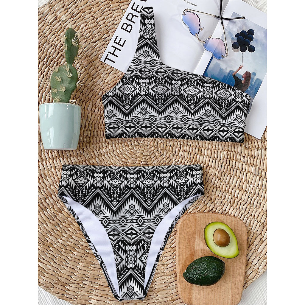Black And White Navajo Print One Shoulder Bikini Top