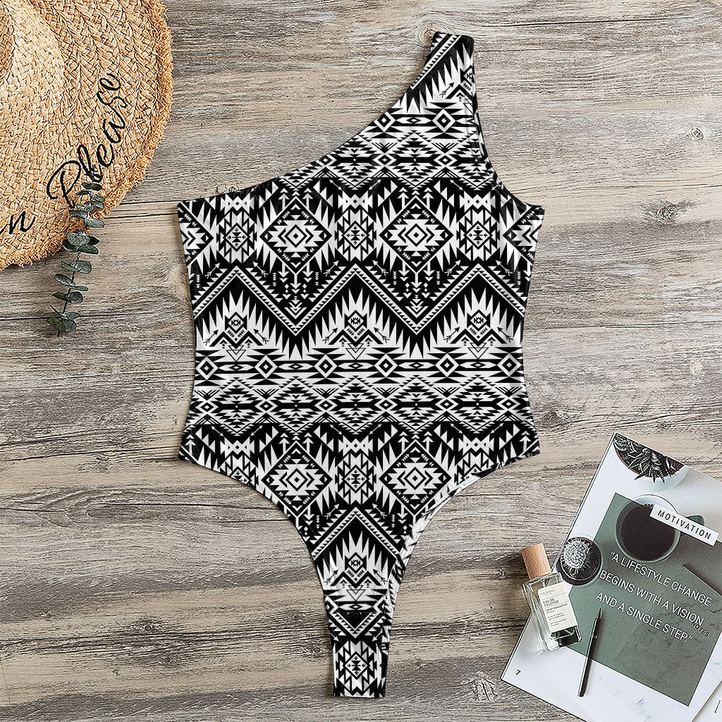 Black And White Navajo Print One Shoulder Bodysuit