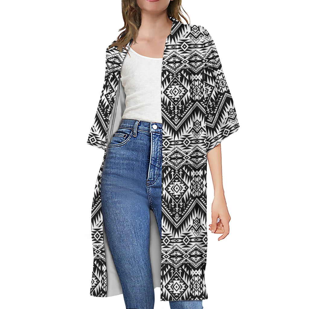 Black And White Navajo Print Open Front Beach Cover Up