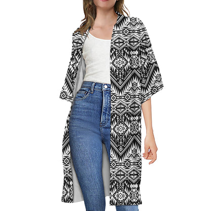 Black And White Navajo Print Open Front Beach Cover Up
