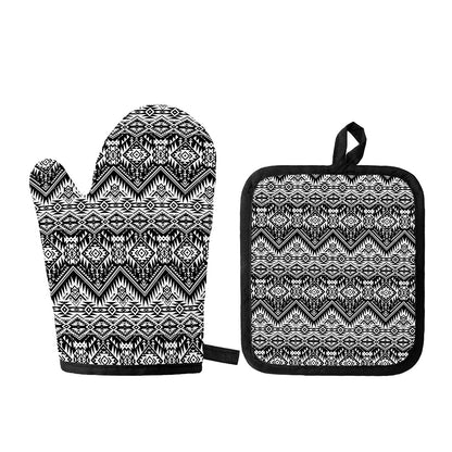 Black And White Navajo Print Oven Mitt And Pot Holder Set