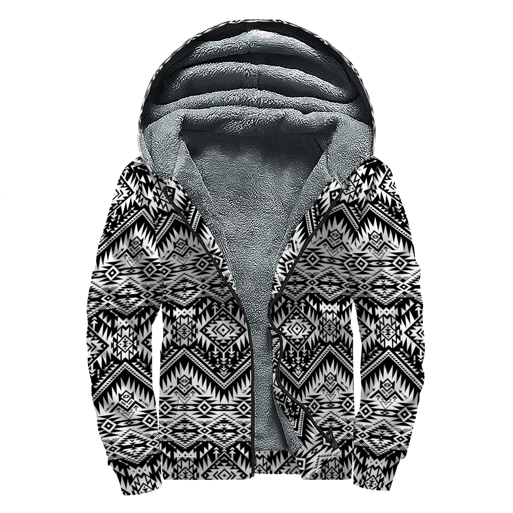 Black And White Navajo Print Sherpa Lined Zip Up Hoodie
