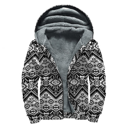 Black And White Navajo Print Sherpa Lined Zip Up Hoodie