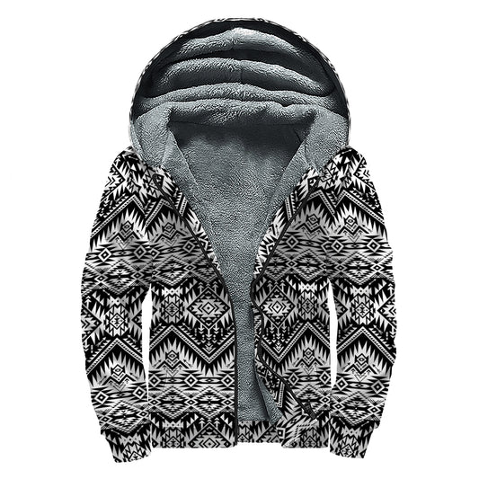 Black And White Navajo Print Sherpa Lined Zip Up Hoodie