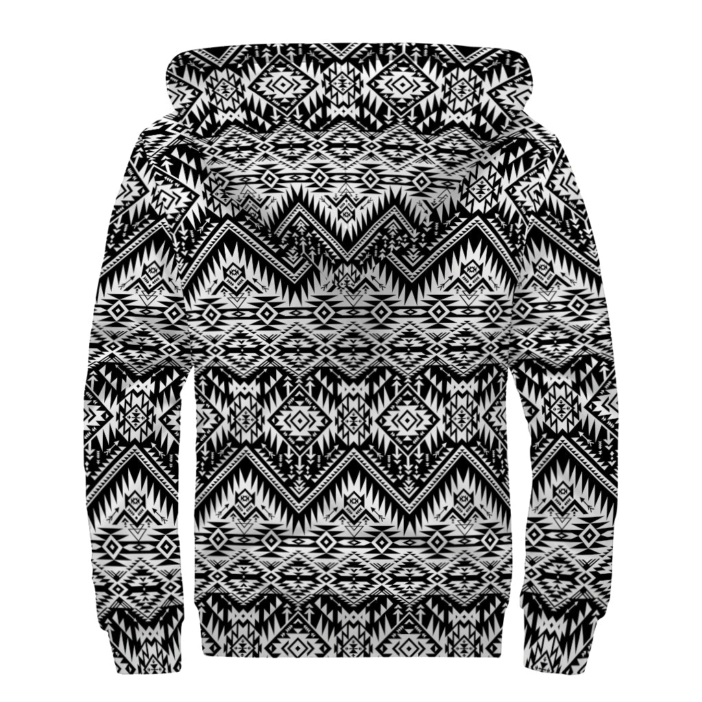 Black And White Navajo Print Sherpa Lined Zip Up Hoodie