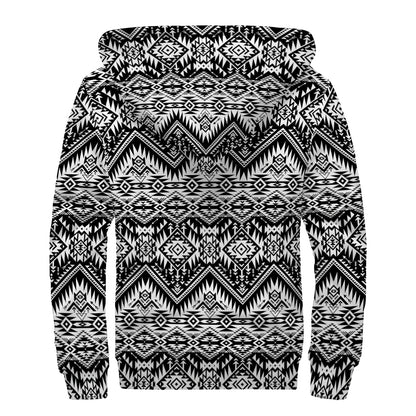 Black And White Navajo Print Sherpa Lined Zip Up Hoodie