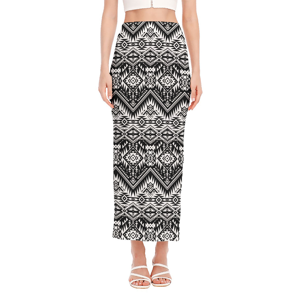 Black And White Navajo Print Side Slit Maxi Skirt