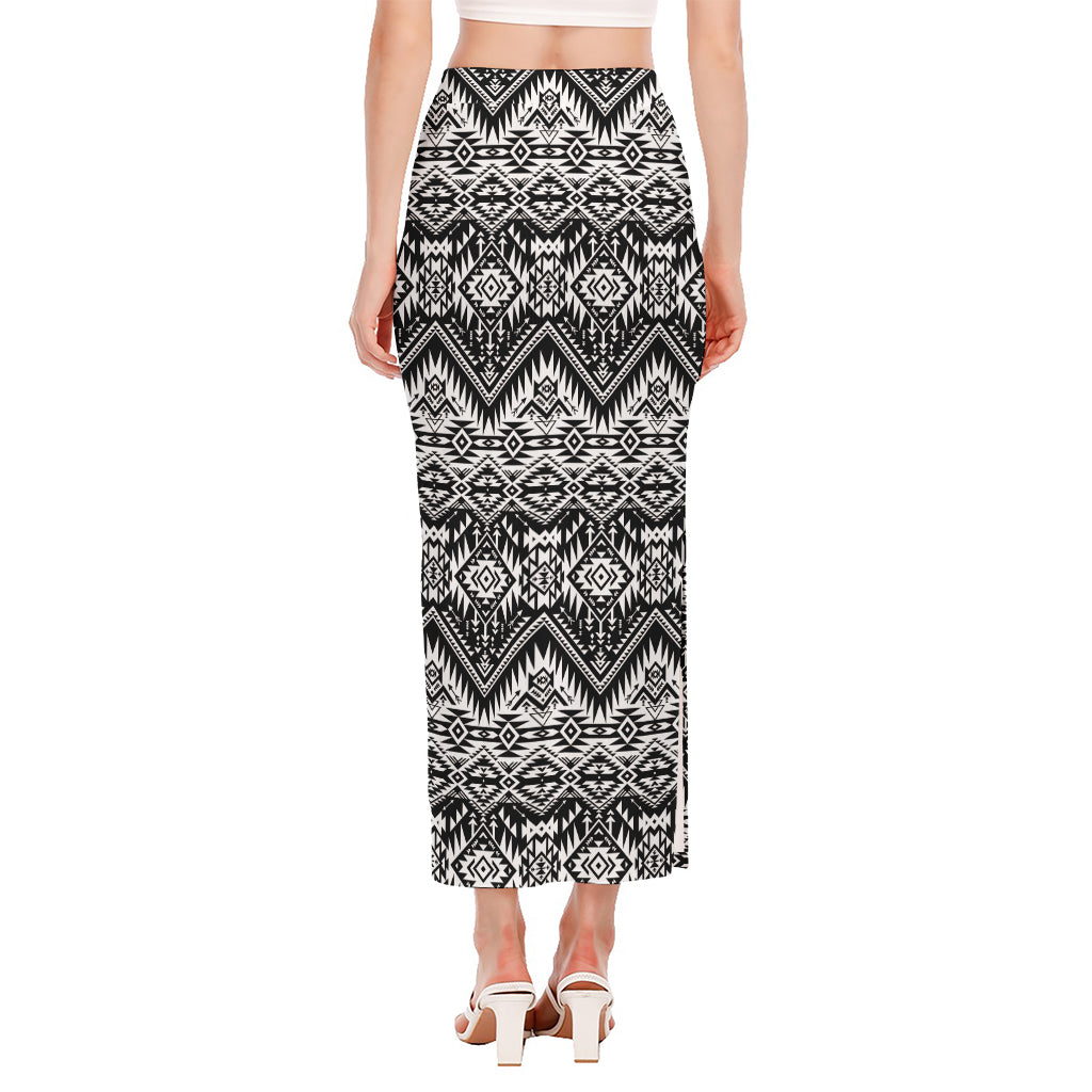 Black And White Navajo Print Side Slit Maxi Skirt