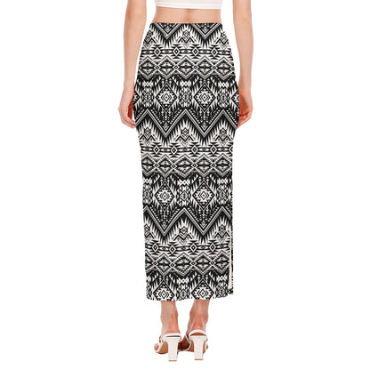 Black And White Navajo Print Side Slit Maxi Skirt