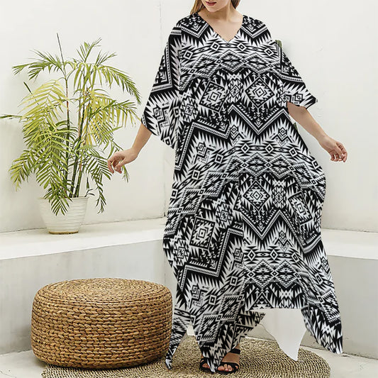 Black And White Navajo Print Silk V-Neck Kaftan Dress