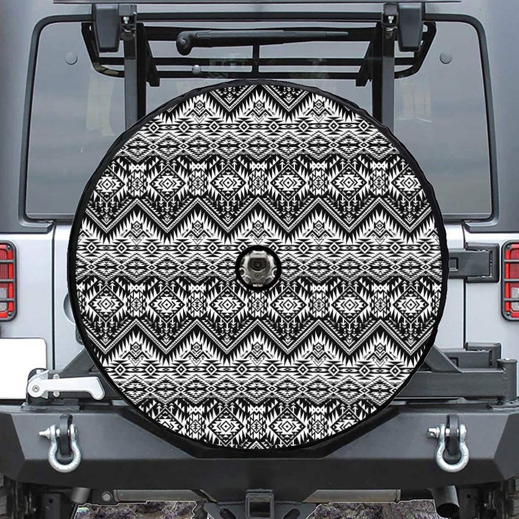 Black And White Navajo Print Tire Cover With Camera Hole