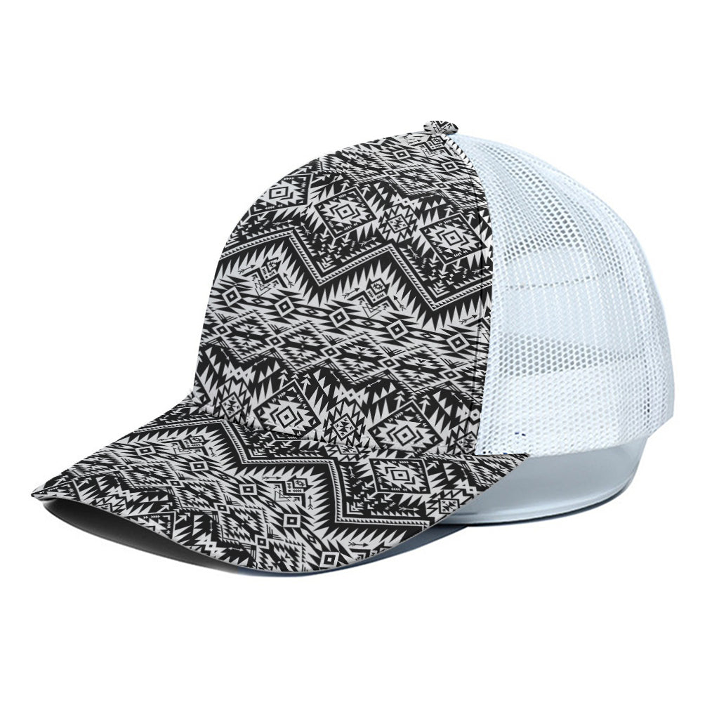 Black And White Navajo Print White Mesh Trucker Cap