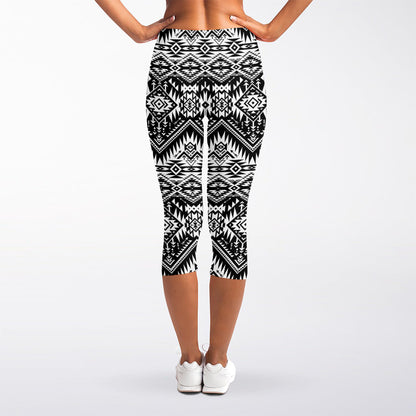 Black And White Navajo Print Women's Capri Leggings