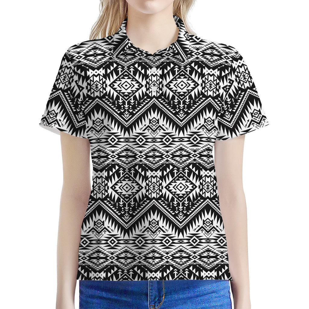 Black And White Navajo Print Women's Polo Shirt