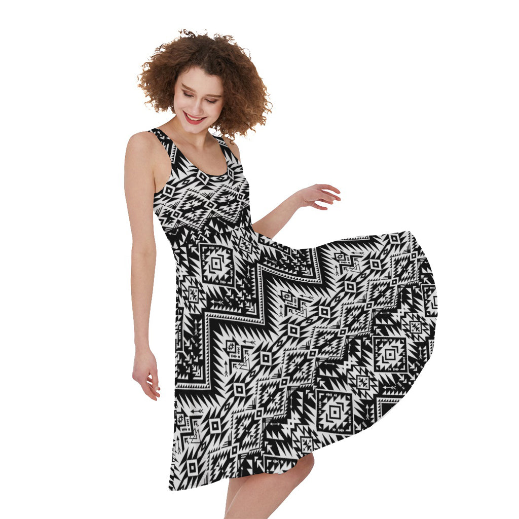 Black And White Navajo Print Women's Sleeveless Dress