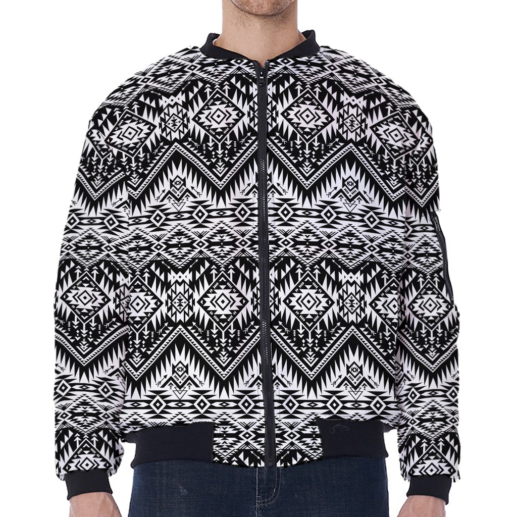 Black And White Navajo Print Zip Sleeve Bomber Jacket