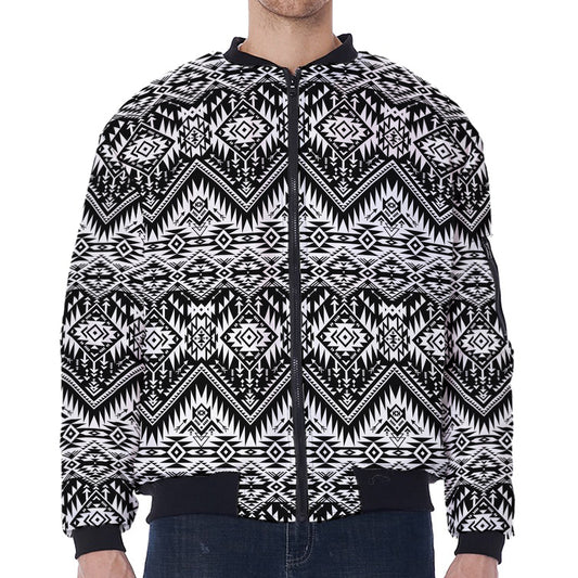 Black And White Navajo Print Zip Sleeve Bomber Jacket
