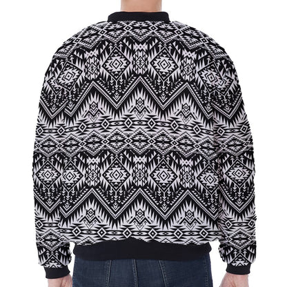 Black And White Navajo Print Zip Sleeve Bomber Jacket