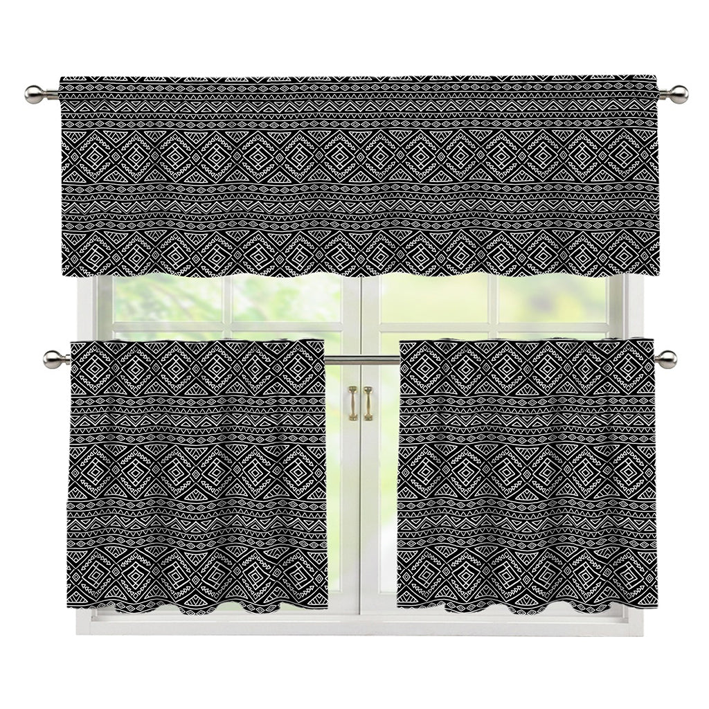 Black And White Navajo Tribal Print 3 Piece Kitchen Curtains