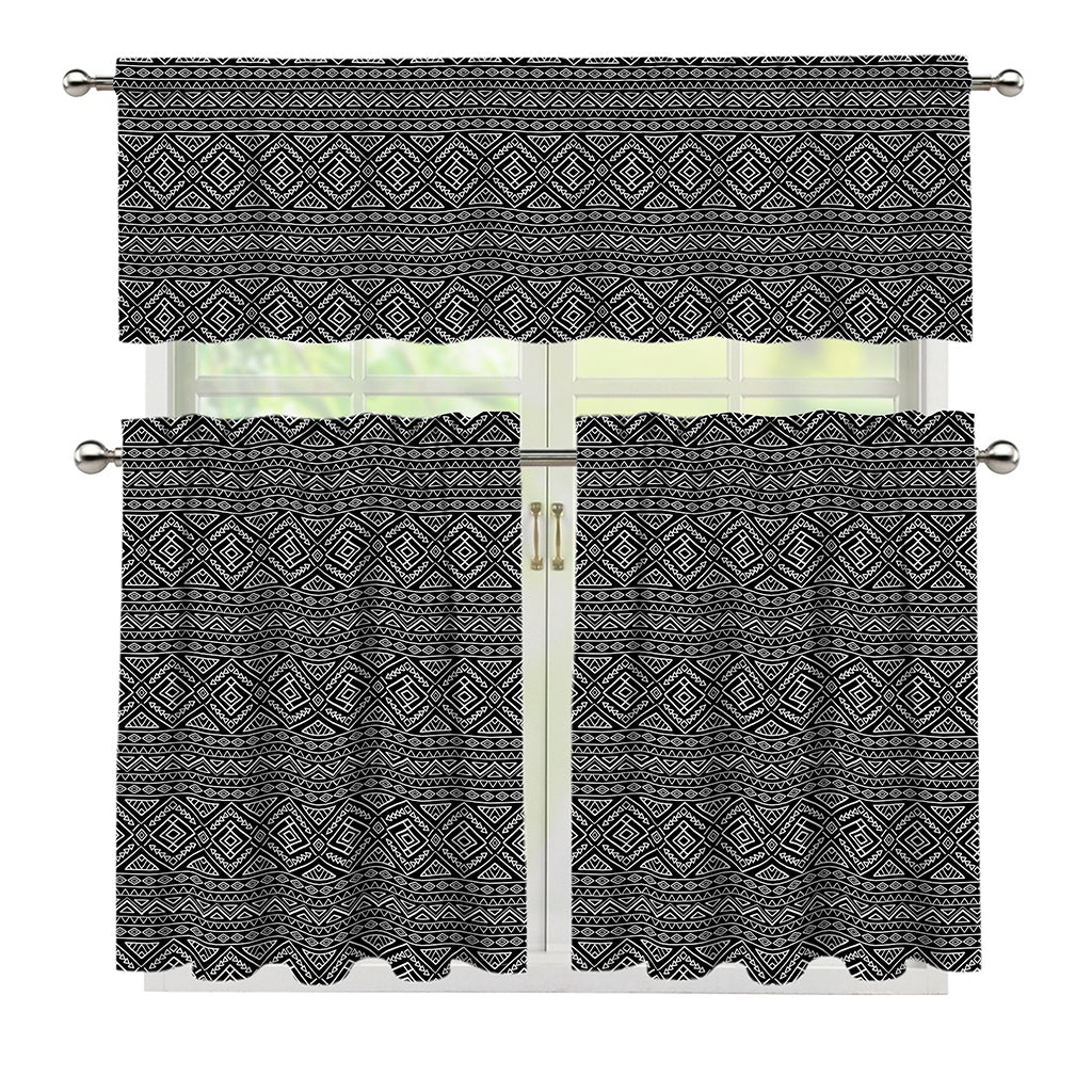 Black And White Navajo Tribal Print 3 Piece Kitchen Curtains