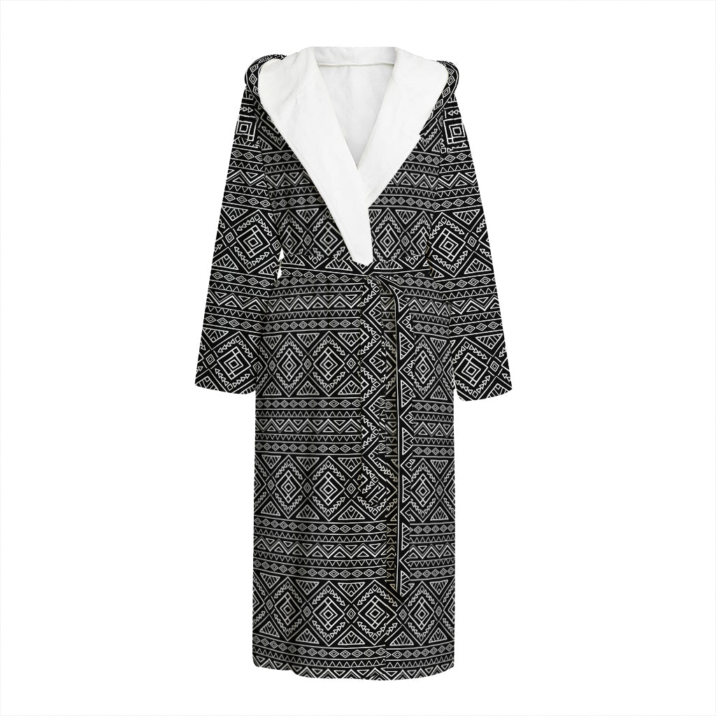 Black And White Navajo Tribal Print Hooded Bathrobe