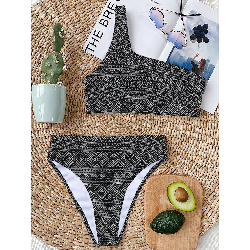 Black And White Navajo Tribal Print One Shoulder Bikini Top