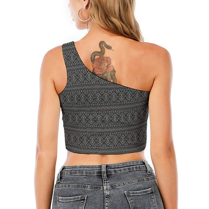 Black And White Navajo Tribal Print One Shoulder Crop Top