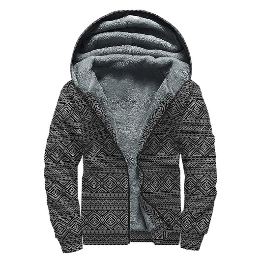 Black And White Navajo Tribal Print Sherpa Lined Zip Up Hoodie