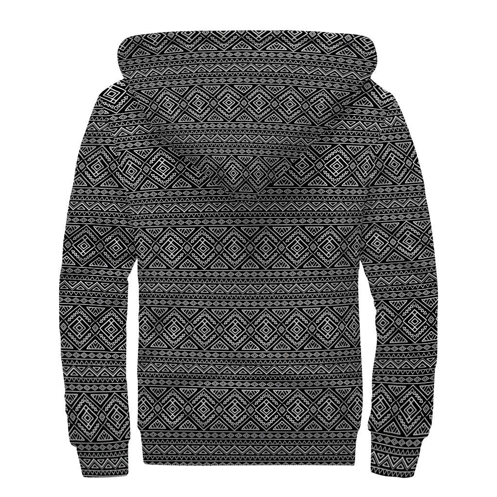 Black And White Navajo Tribal Print Sherpa Lined Zip Up Hoodie