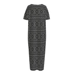 Black And White Navajo Tribal Print Short Sleeve Long Nightdress