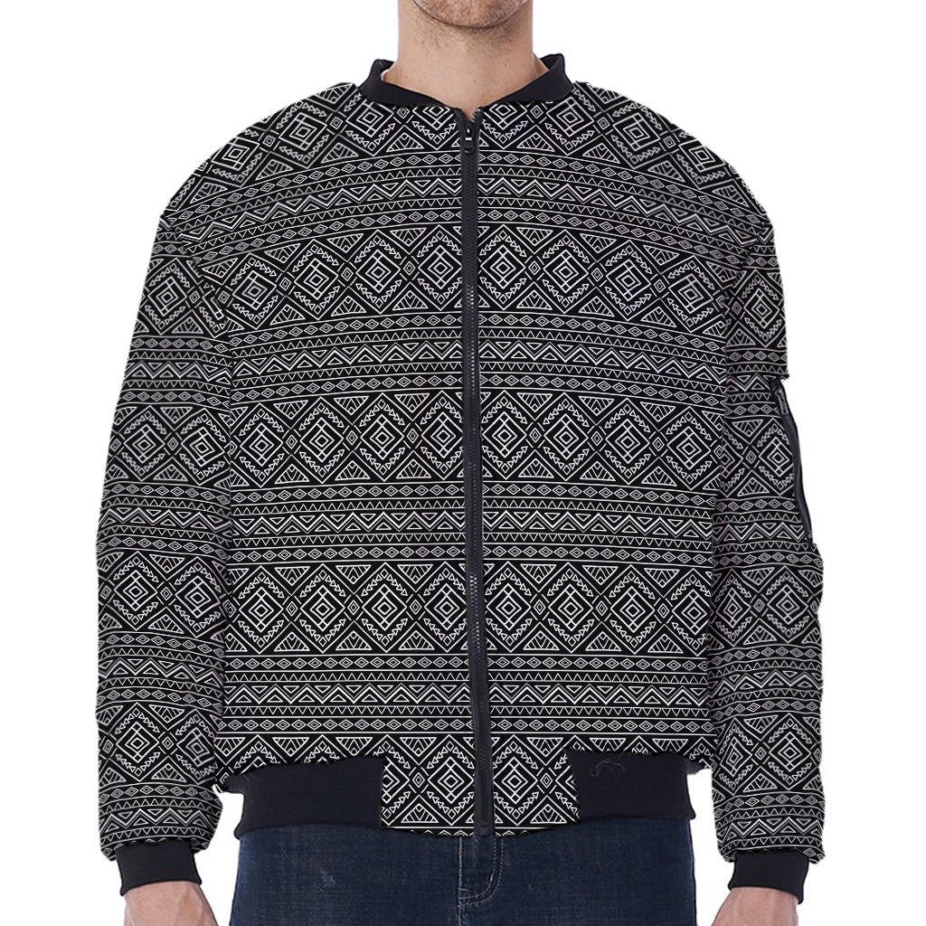 Black And White Navajo Tribal Print Zip Sleeve Bomber Jacket