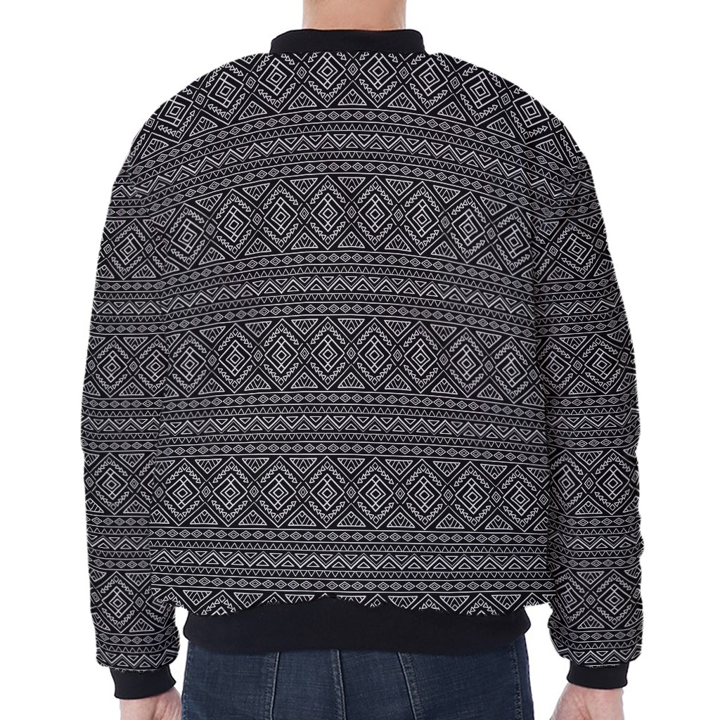Black And White Navajo Tribal Print Zip Sleeve Bomber Jacket