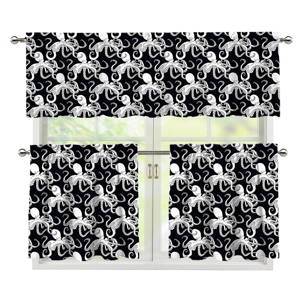 Black And White Octopus Pattern Print 3 Piece Kitchen Curtains