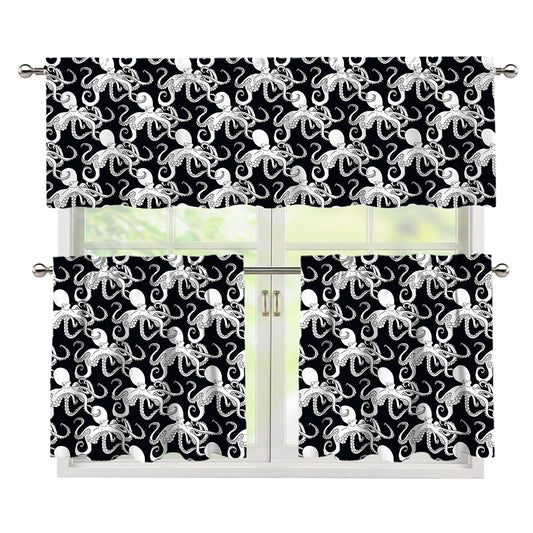 Black And White Octopus Pattern Print 3 Piece Kitchen Curtains