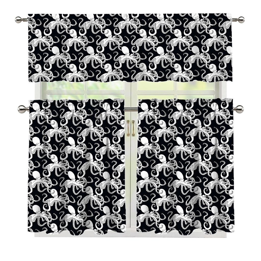 Black And White Octopus Pattern Print 3 Piece Kitchen Curtains
