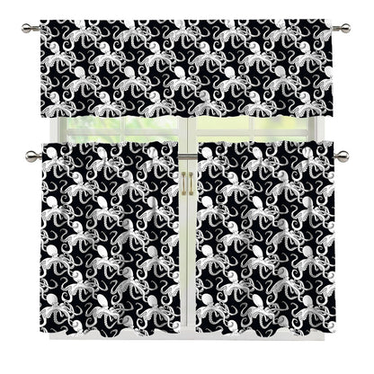 Black And White Octopus Pattern Print 3 Piece Kitchen Curtains