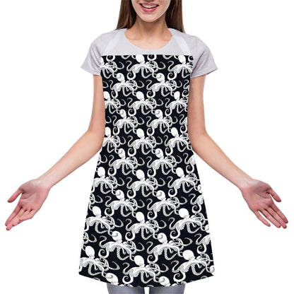 Black And White Octopus Pattern Print Adjustable Apron