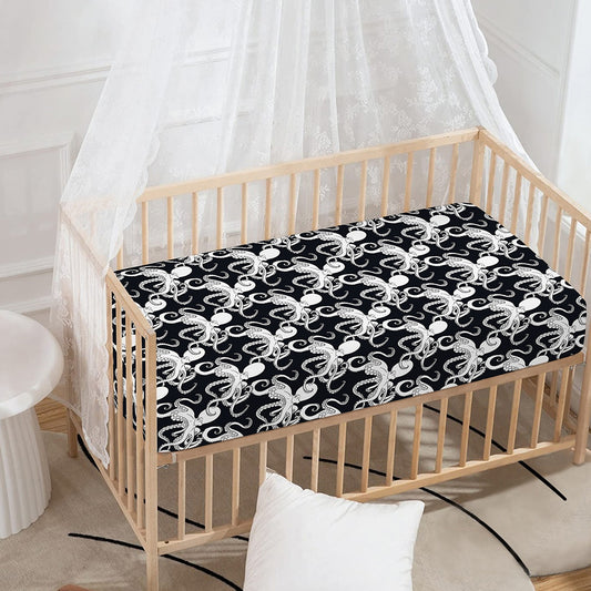 Black And White Octopus Pattern Print Baby Crib Sheet