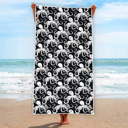 Black And White Octopus Pattern Print Beach Towel
