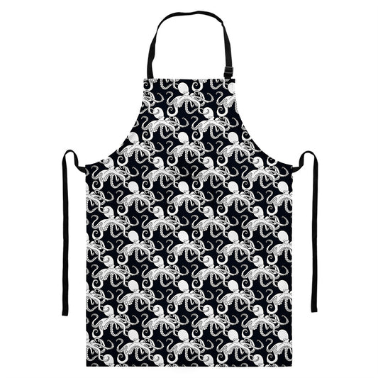 Black And White Octopus Pattern Print Bib Apron With Pocket
