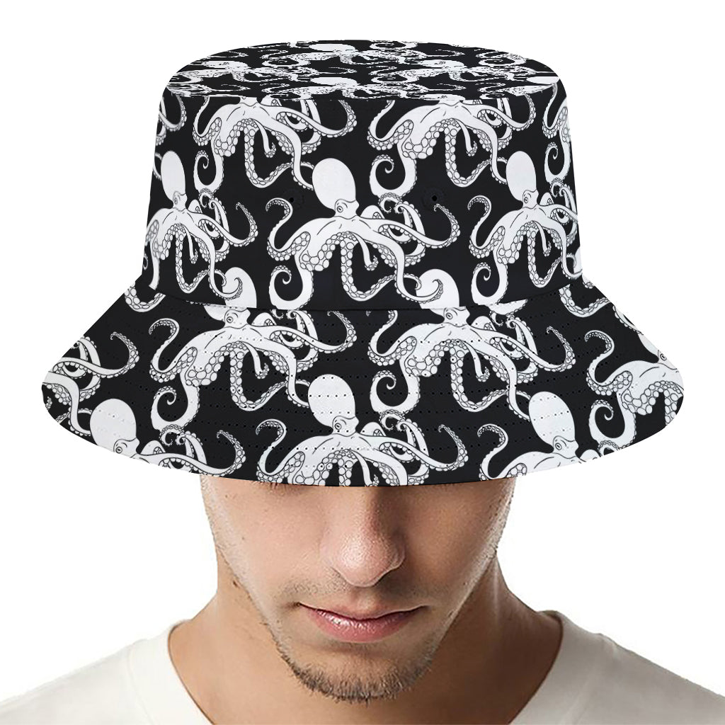 Black And White Octopus Pattern Print Bucket Hat