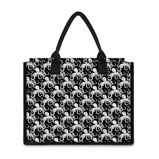 Black And White Octopus Pattern Print Canvas Tote Bag