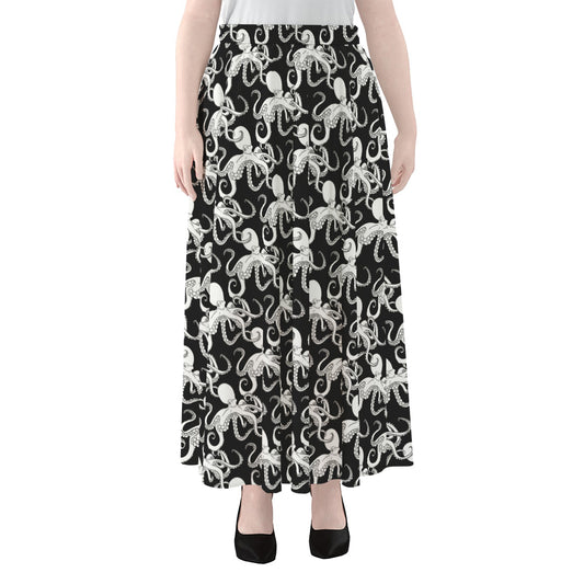 Black And White Octopus Pattern Print Chiffon Maxi Skirt