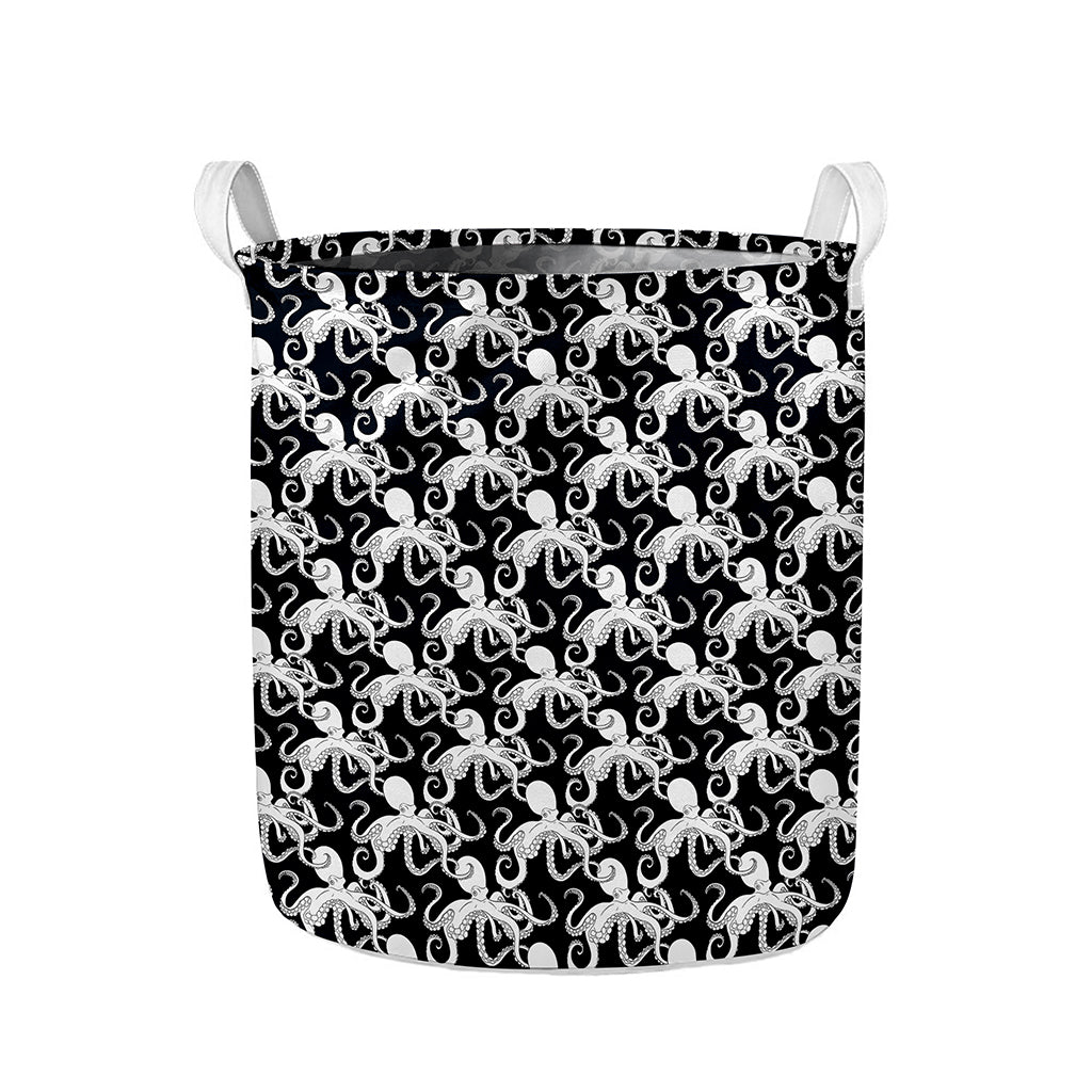 Black And White Octopus Pattern Print Collapsible Laundry Basket